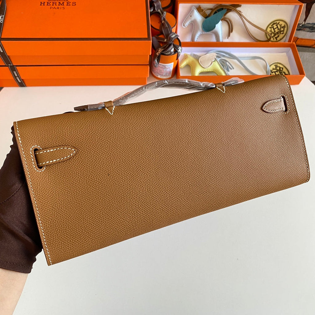 HERMES KELLY CUT 31 IN BRONZE BROWN CALFSKIN WITH SILVER HARDWARE