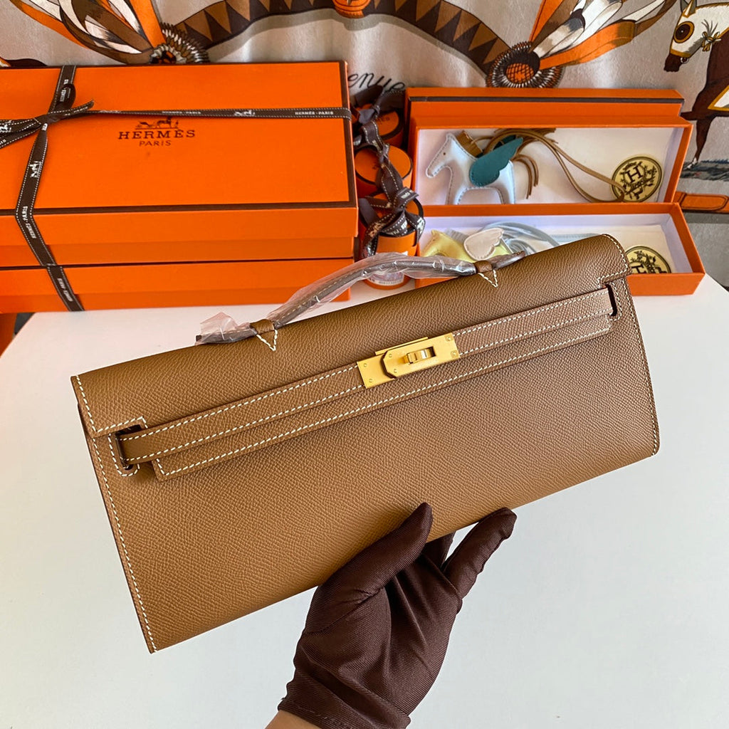 HERMES KELLY CUT 31 IN BRONZE BROWN CALFSKIN WITH GOLD HARDWARE