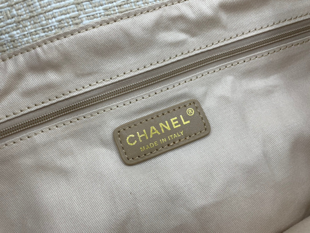 CHANEL DEAUVILLE LARGE 38 TOTE BAG IN BEIGE CANVAS GOLD HARDWARE
