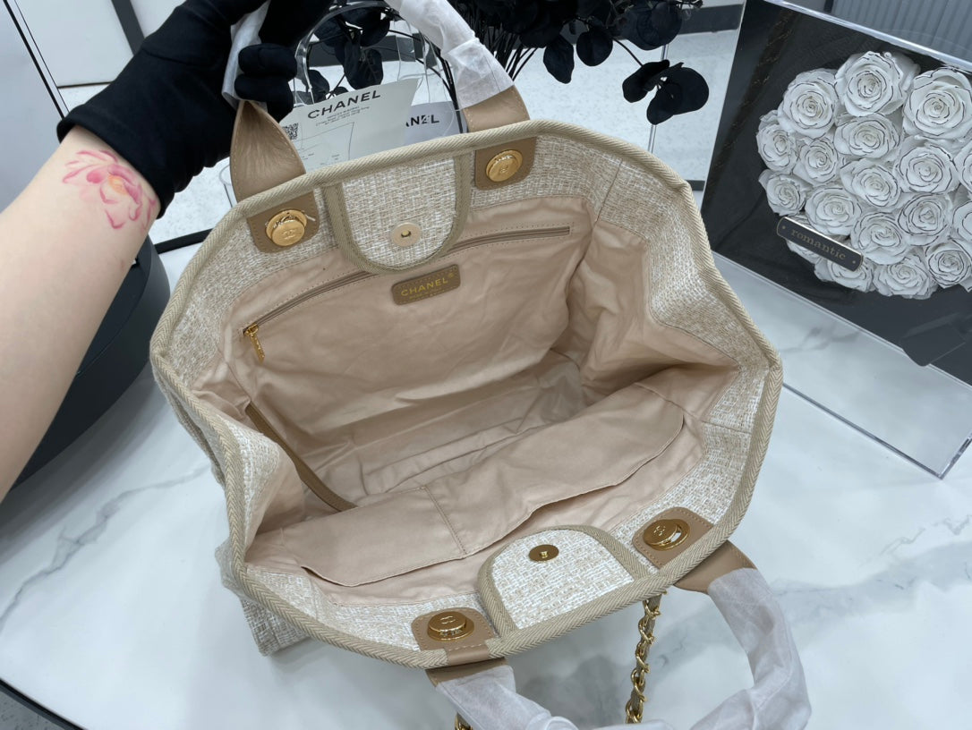 CHANEL DEAUVILLE LARGE 38 TOTE BAG IN BEIGE CANVAS GOLD HARDWARE