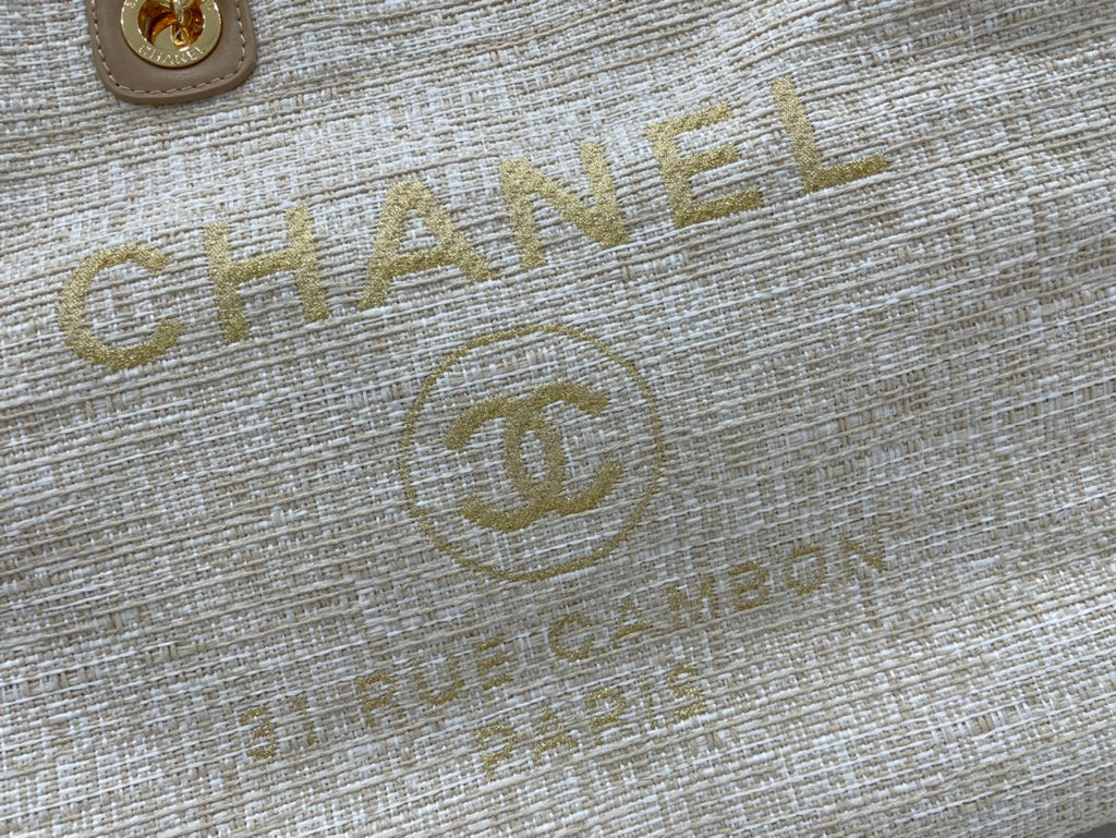 CHANEL DEAUVILLE LARGE 38 TOTE BAG IN BEIGE CANVAS GOLD HARDWARE