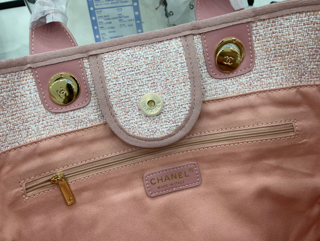 CHANEL DEAUVILLE LARGE 38 TOTE BAG IN LIGHT PINK CANVAS GOLD HARDWARE