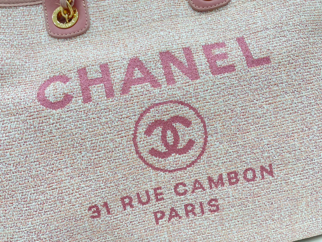 CHANEL DEAUVILLE LARGE 38 TOTE BAG IN LIGHT PINK CANVAS GOLD HARDWARE