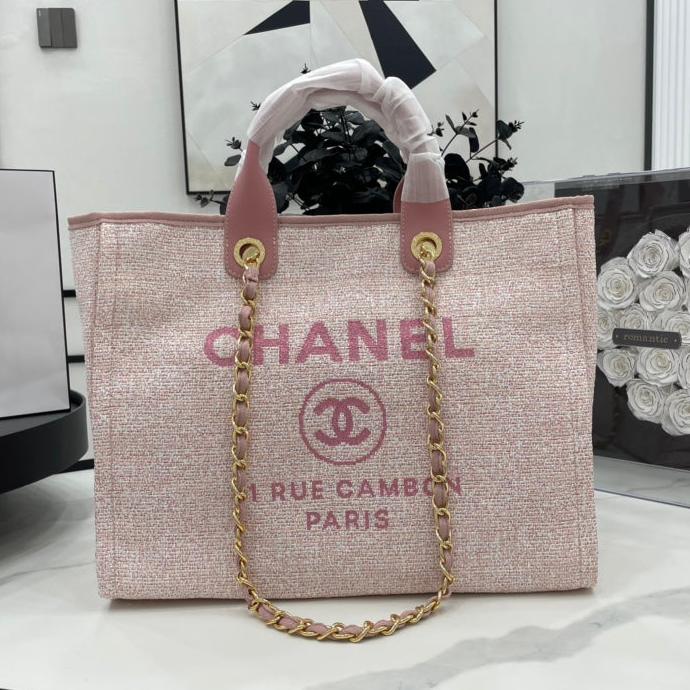 CHANEL DEAUVILLE LARGE 38 TOTE BAG IN LIGHT PINK CANVAS GOLD HARDWARE
