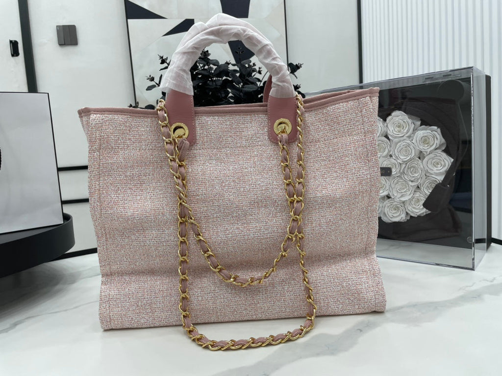 CHANEL DEAUVILLE LARGE 38 TOTE BAG IN LIGHT PINK CANVAS GOLD HARDWARE