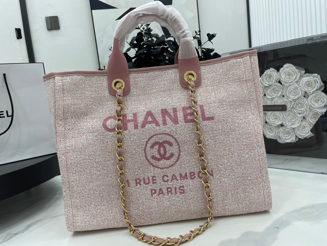 CHANEL DEAUVILLE LARGE 38 TOTE BAG IN LIGHT PINK CANVAS GOLD HARDWARE