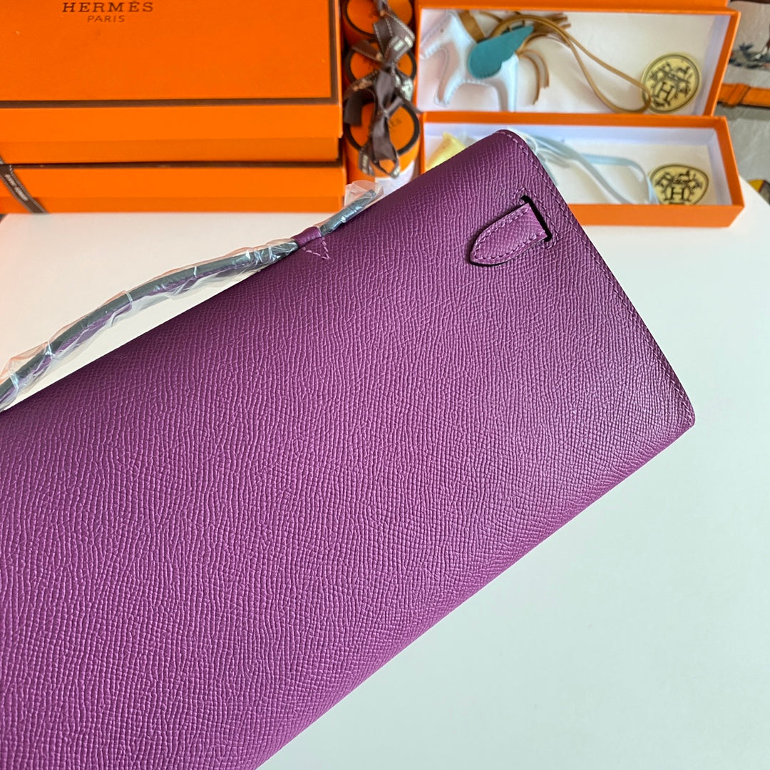 HERMES KELLY CUT 31 IN VIOLET PURPLE CALFSKIN WITH SILVER HARDWARE