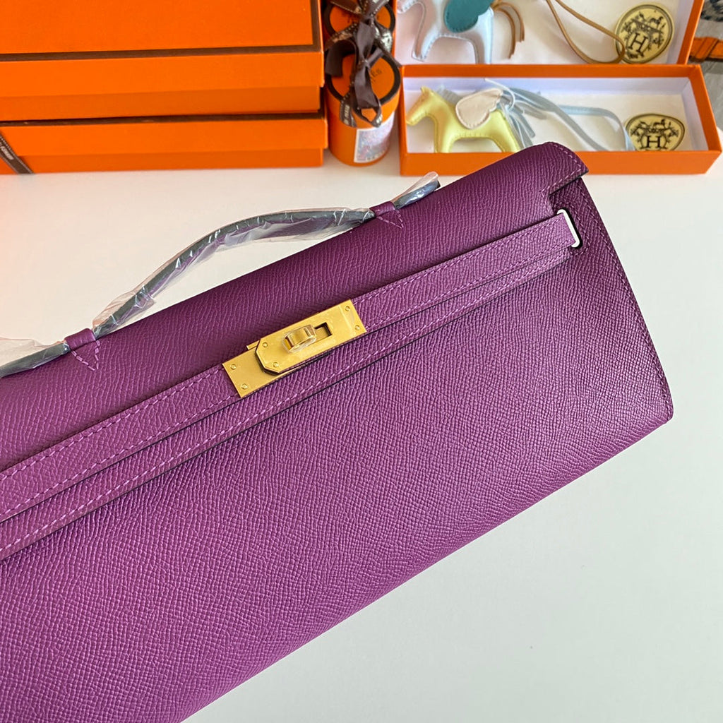 HERMES KELLY CUT 31 IN VIOLET PURPLE CALFSKIN WITH GOLD HARDWARE