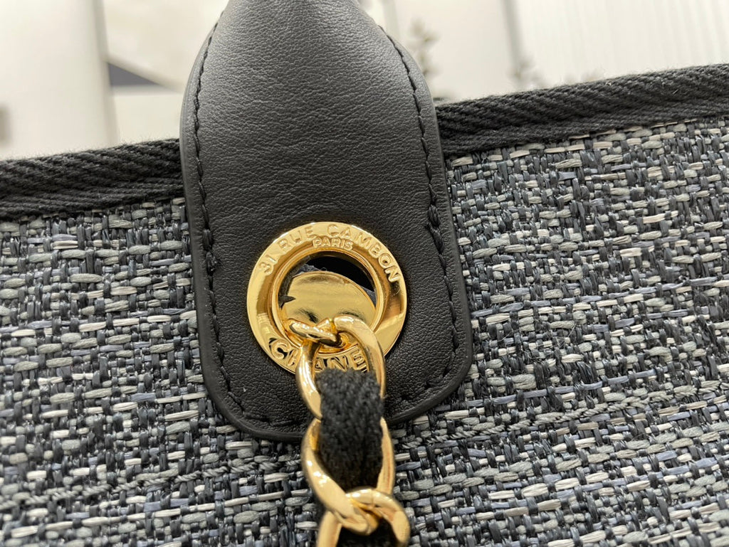 CHANEL DEAUVILLE LARGE 38 TOTE BAG IN BLACK CANVAS GOLD HARDWARE