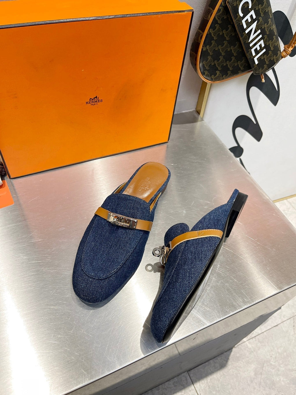 HERMES 0Z MULE TAWNY AND DENIM CALFSKIN