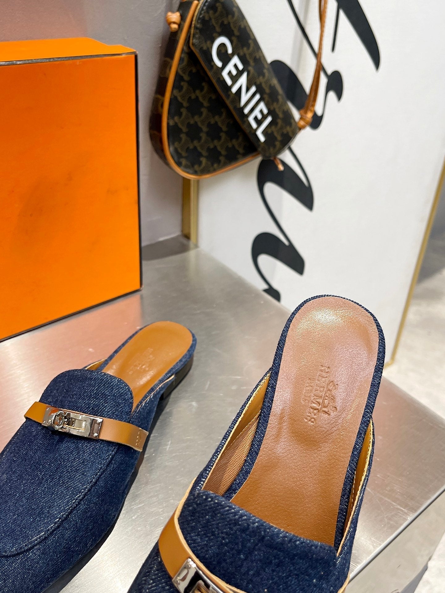 HERMES 0Z MULE TAWNY AND DENIM CALFSKIN