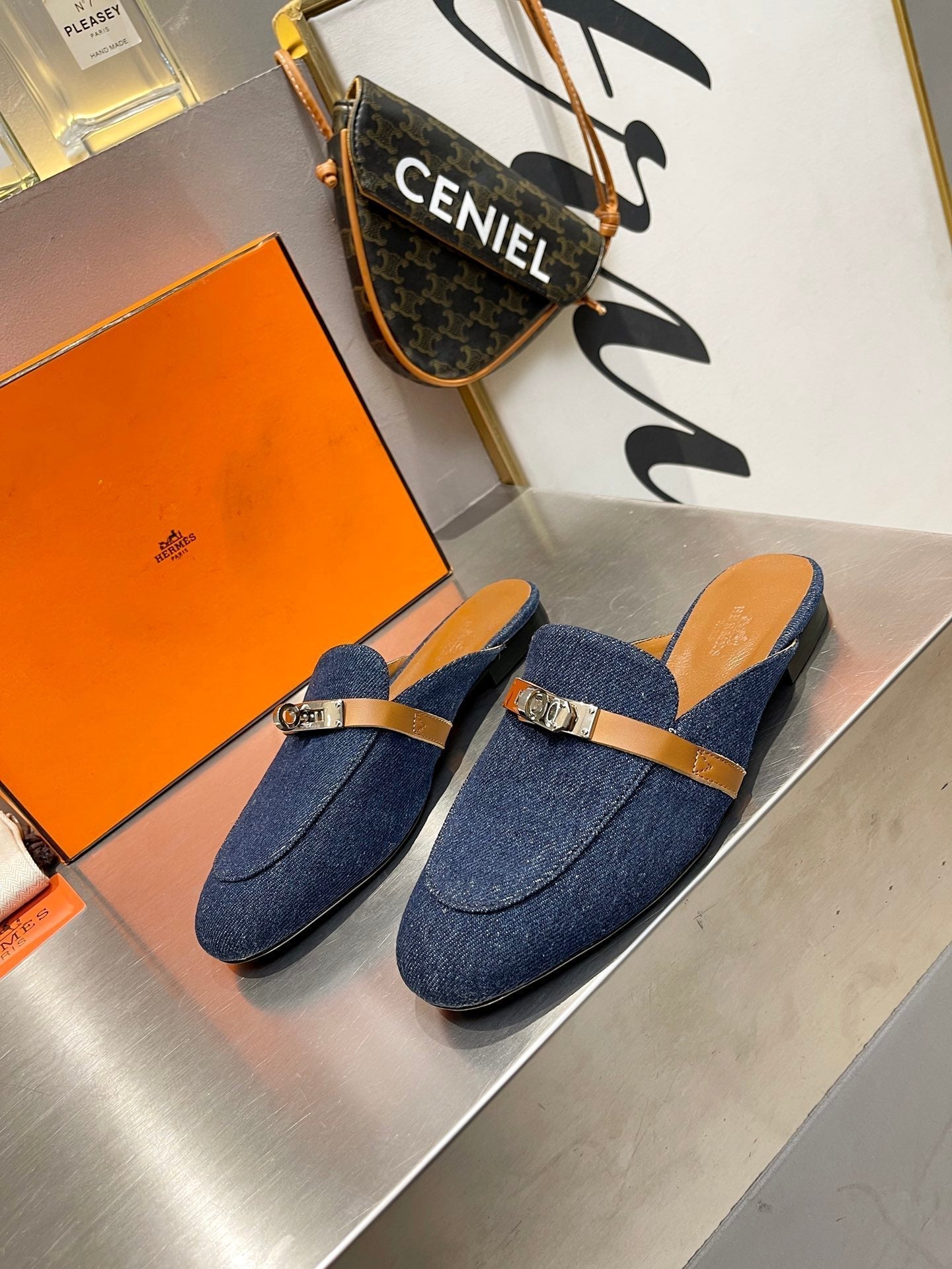 HERMES 0Z MULE TAWNY AND DENIM CALFSKIN