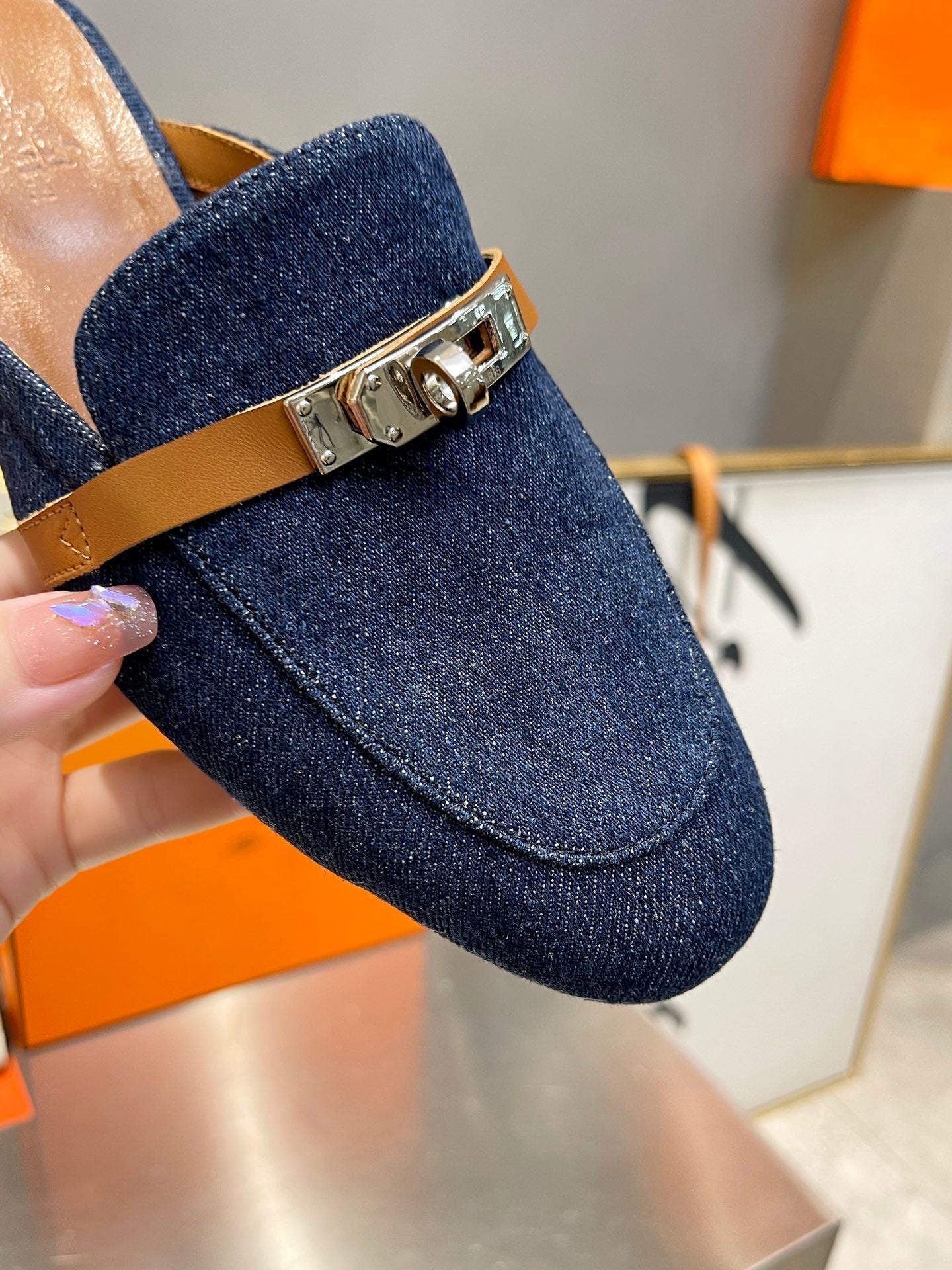 HERMES 0Z MULE TAWNY AND DENIM CALFSKIN