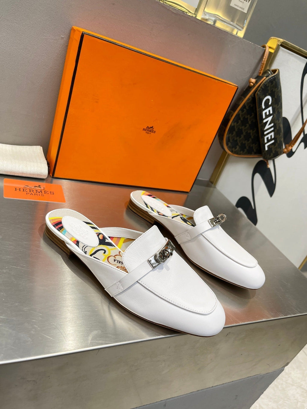 HERMES 0Z MULE WHITE CALFSKIN WITH BLACK PATTERN