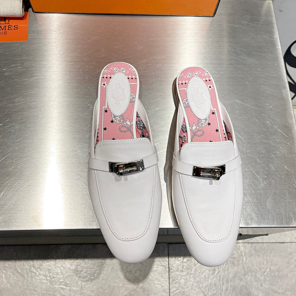 HERMES 0Z MULE WHITE CALFSKIN WITH PINK PATTERN