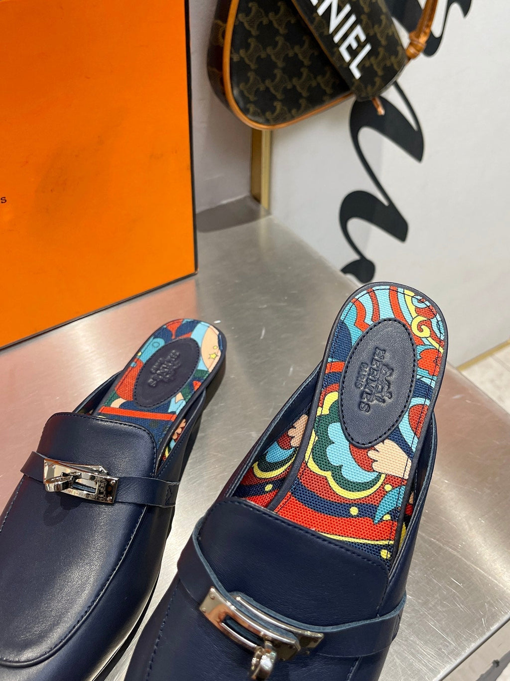 HERMES 0Z MULE INDIGO CALFSKIN WITH PATTERN