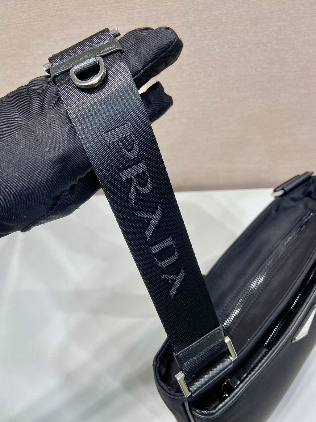 PRADA SQUARE BAG 28 IN BLACK RE-NYLON AND SAFFIANO LEATHER TRIM