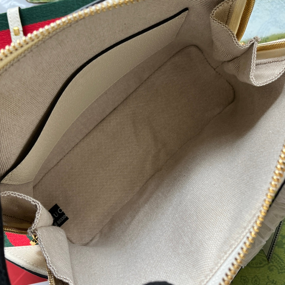 GUCCI xADIDAS HORSEBIT 1955 TOTE BAG 20 WITH WEB STRAP IN WHITE MIX BLACK CALFSKIN GOLD HARDWARE