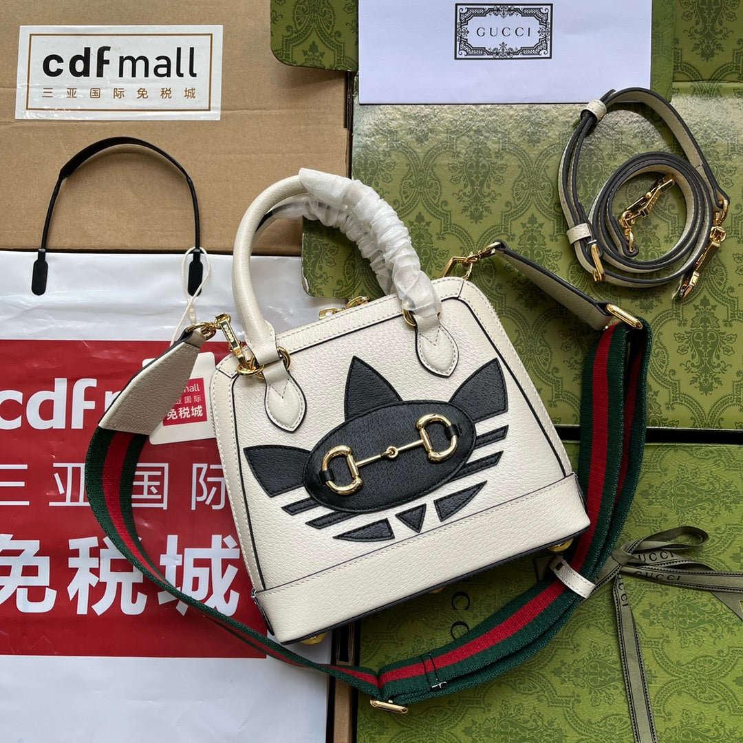 GUCCI xADIDAS HORSEBIT 1955 TOTE BAG 20 WITH WEB STRAP IN WHITE MIX BLACK CALFSKIN GOLD HARDWARE