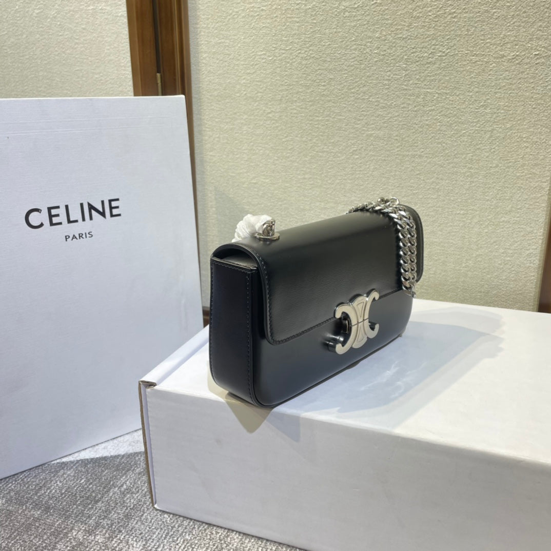 CELINE CHAIN EMBOSSED ARMPIT BAG 20 IN BLACK CALFSKIN SILVER HARDWARE