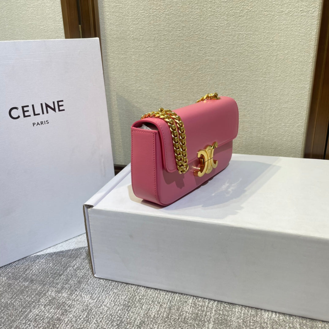 CELINE CHAIN EMBOSSED ARMPIT BAG 20 IN WATERMELON PINK CALFSKIN