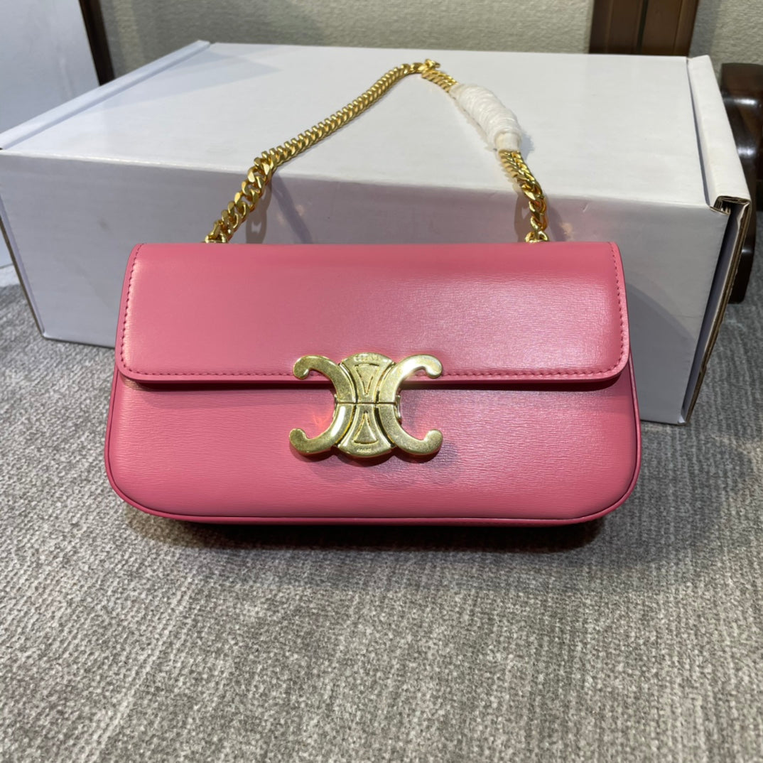 CELINE CHAIN EMBOSSED ARMPIT BAG 20 IN WATERMELON PINK CALFSKIN