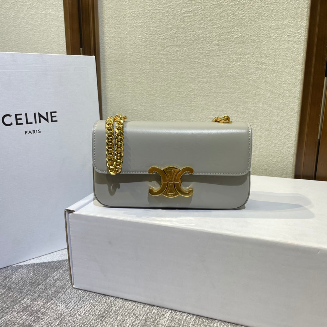 CELINE CHAIN EMBOSSED ARMPIT BAG 20 IN STONE GRAY CALFSKIN