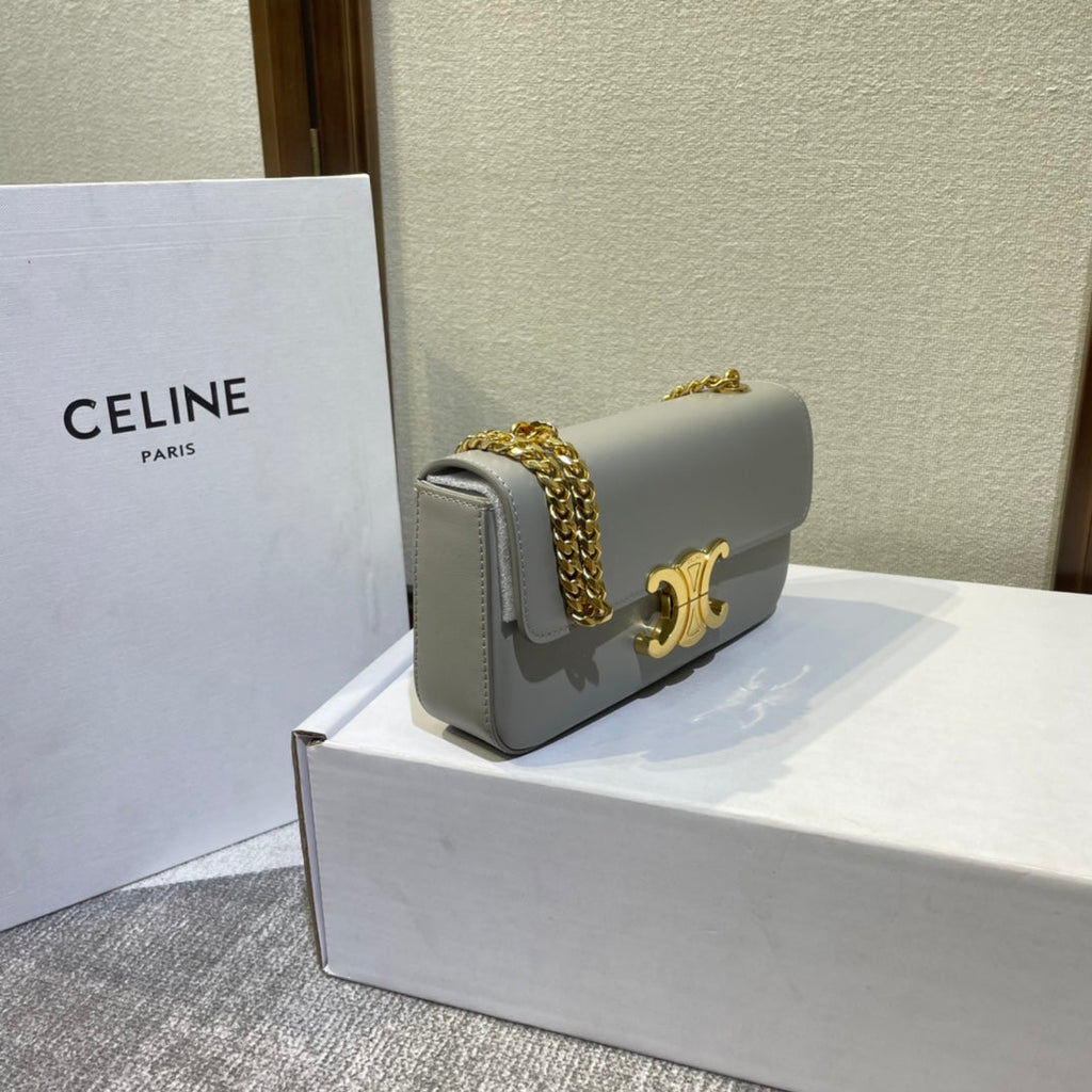 CELINE CHAIN EMBOSSED ARMPIT BAG 20 IN STONE GRAY CALFSKIN