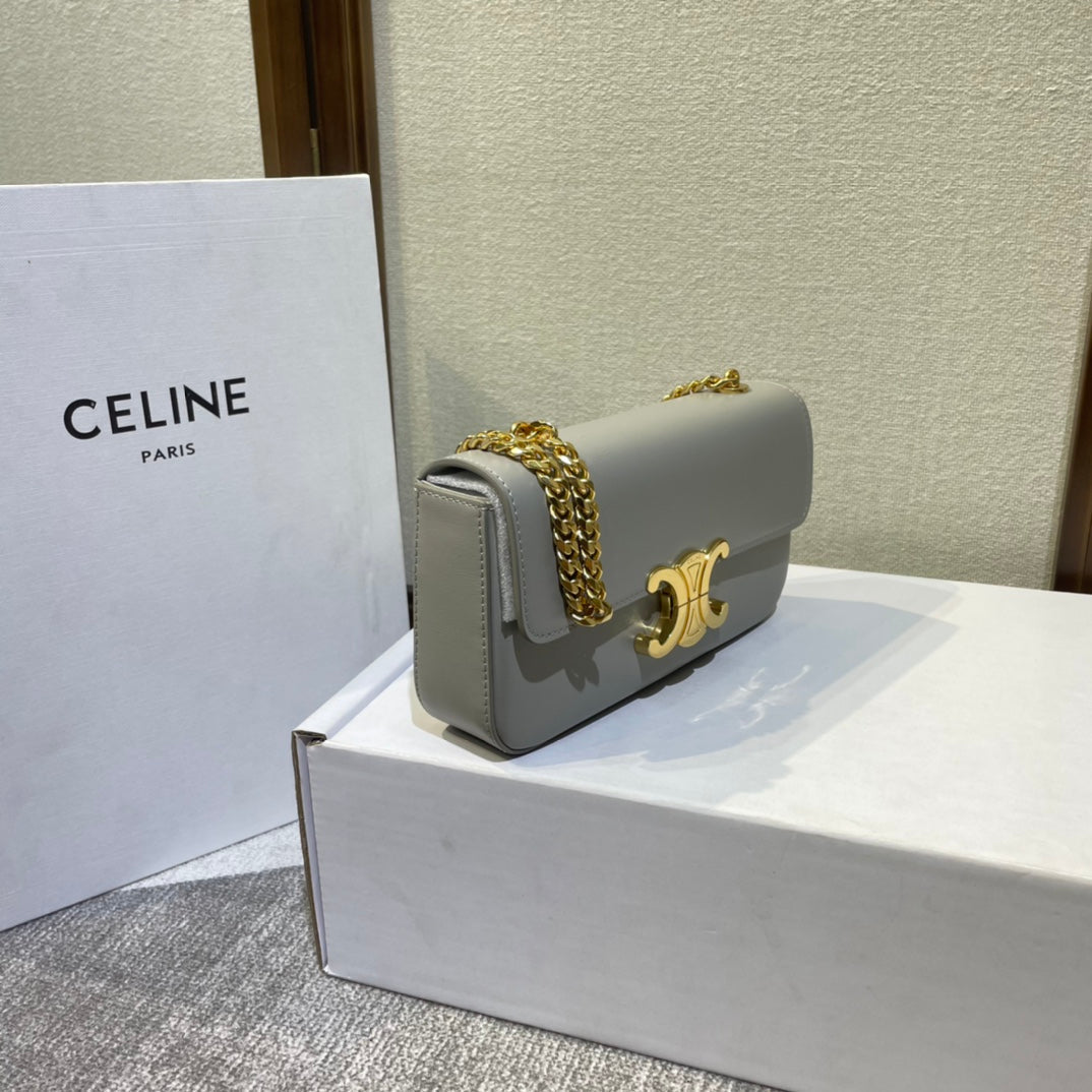 CELINE CHAIN EMBOSSED ARMPIT BAG 20 IN STONE GRAY CALFSKIN