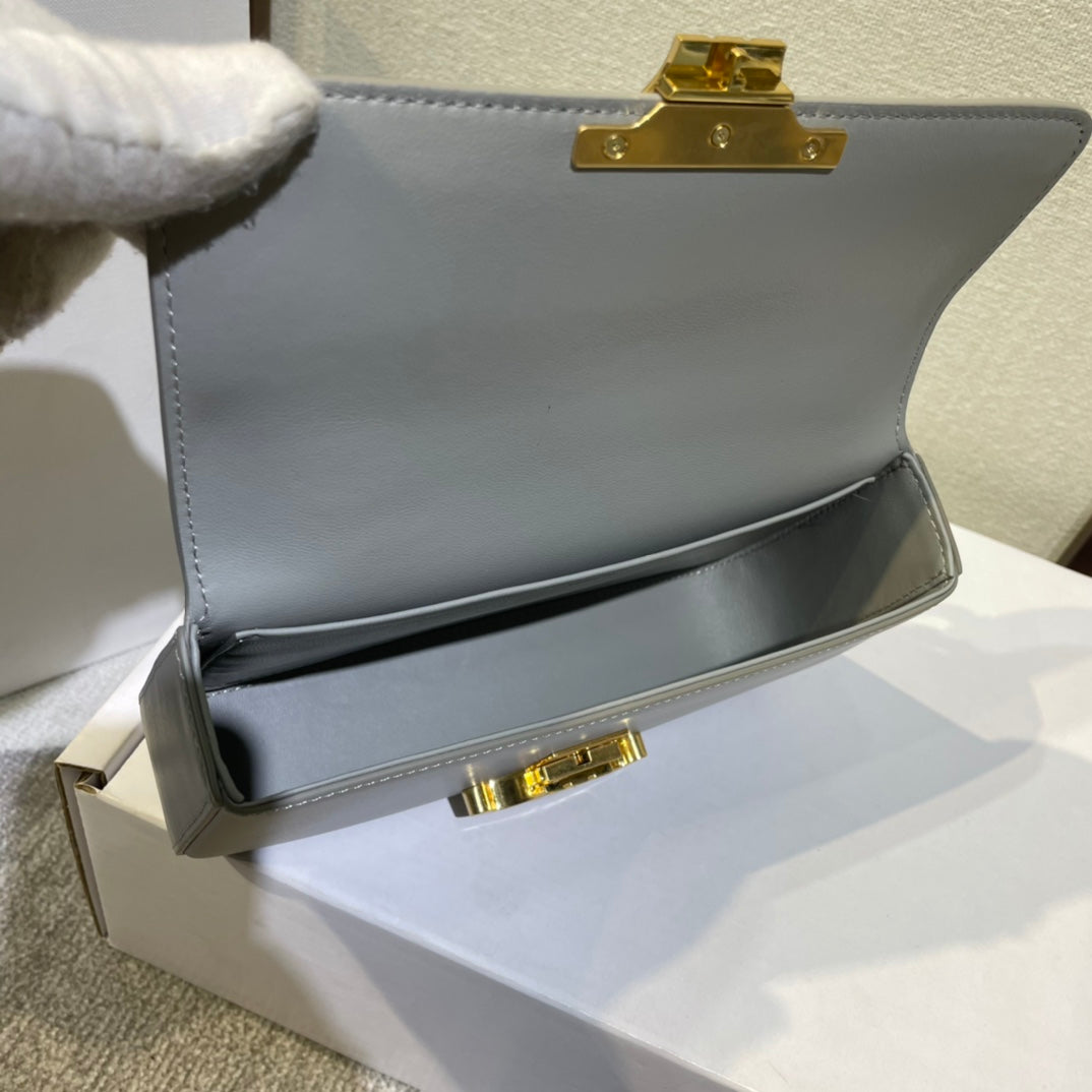 CELINE CHAIN EMBOSSED ARMPIT BAG 20 IN STONE GRAY CALFSKIN