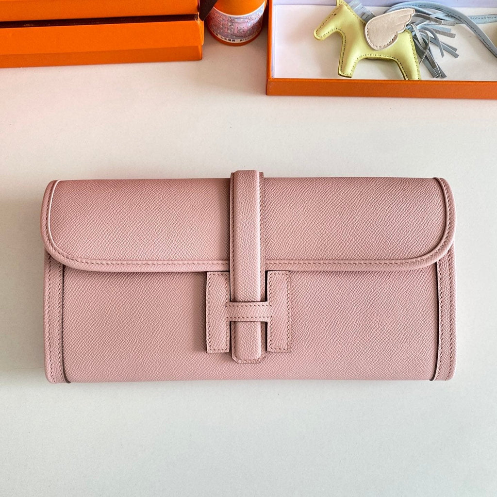 HERMES JIGE ELAN 29 CLUTCH IN CREPE PINK CALFSKIN