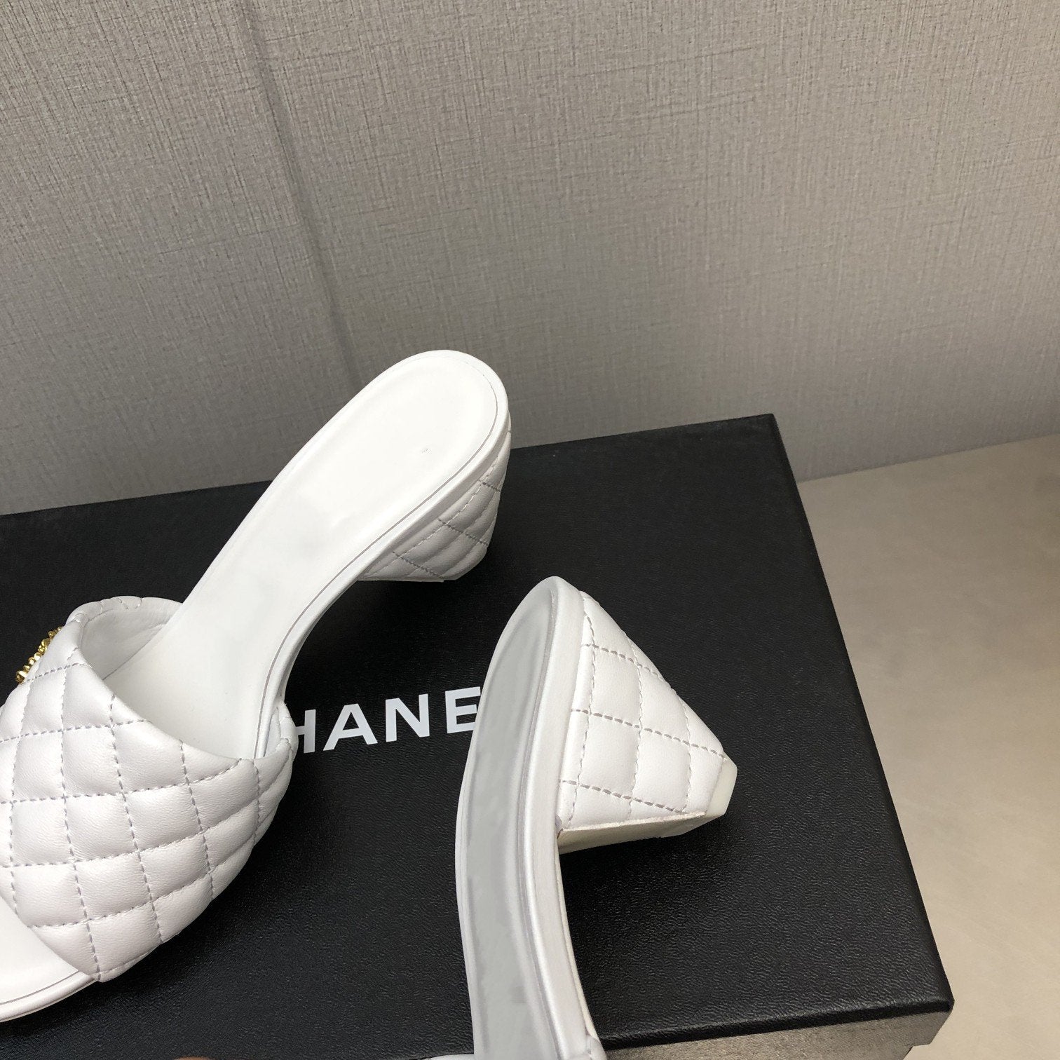 CHANEL rev cone heel mule slide sandal white quilted lambskin 6cm
