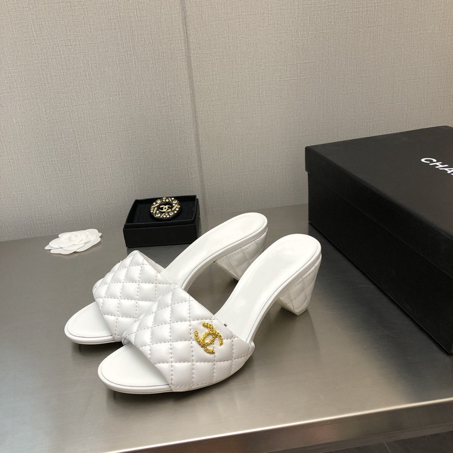 CHANEL rev cone heel mule slide sandal white quilted lambskin 6cm