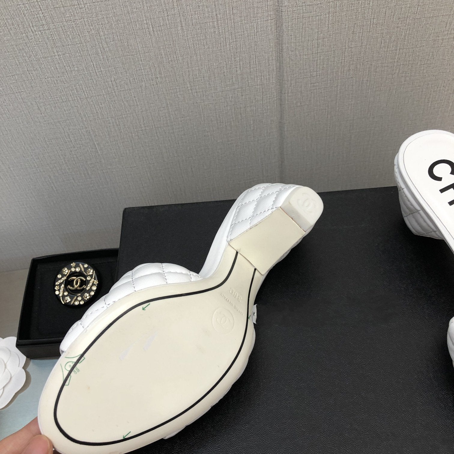 CHANEL rev cone heel mule slide sandal white quilted lambskin 6cm