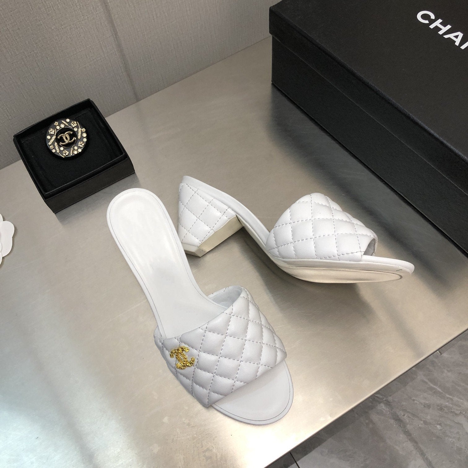 CHANEL rev cone heel mule slide sandal white quilted lambskin 6cm