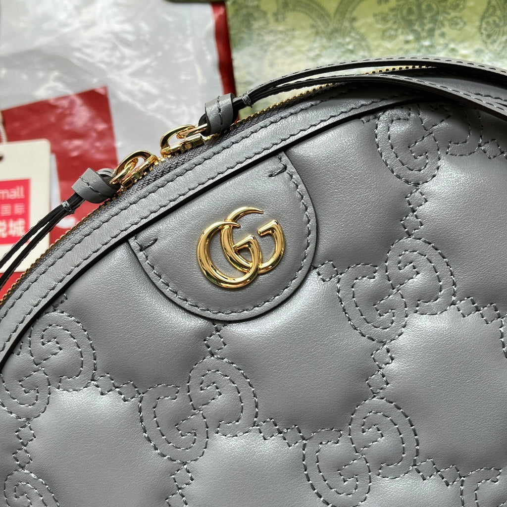 GUCCI MATELASSÉ LEATHER SHOULDER BAG 23 IN GRAY EMBOSSED CALFSKIN GOLD HARDWARE
