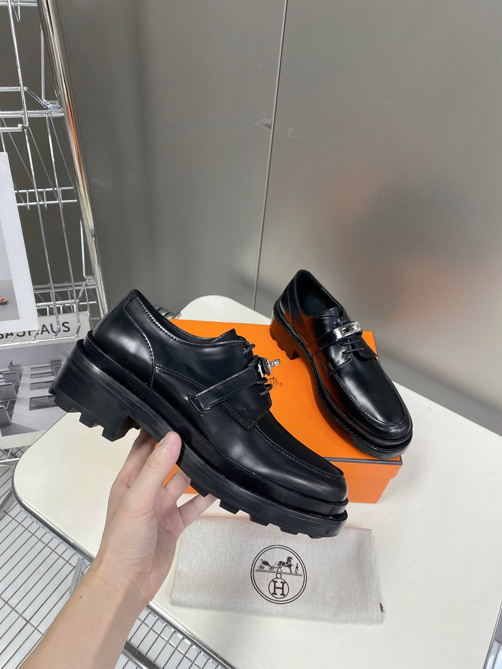 HERMES 25S LOAFER IN BLACK LAMBSKIN WITH SILVER HARDWARE