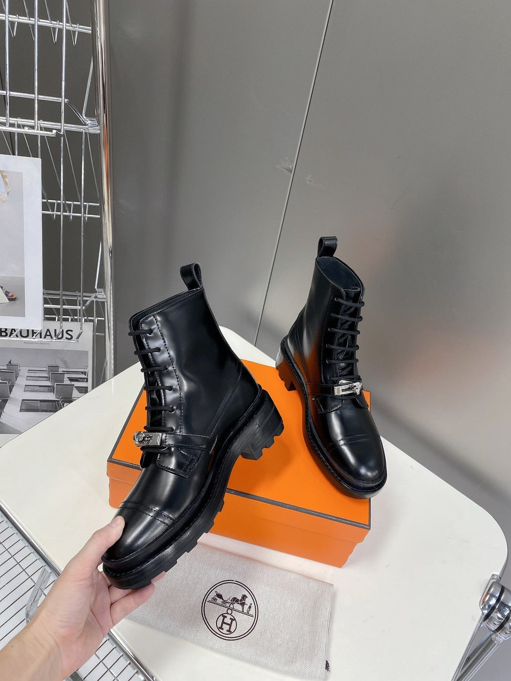 HERMES 25S FUNK ANKLE BOOT IN BLACK LAMBSKIN WITH SILVER HARDWARE