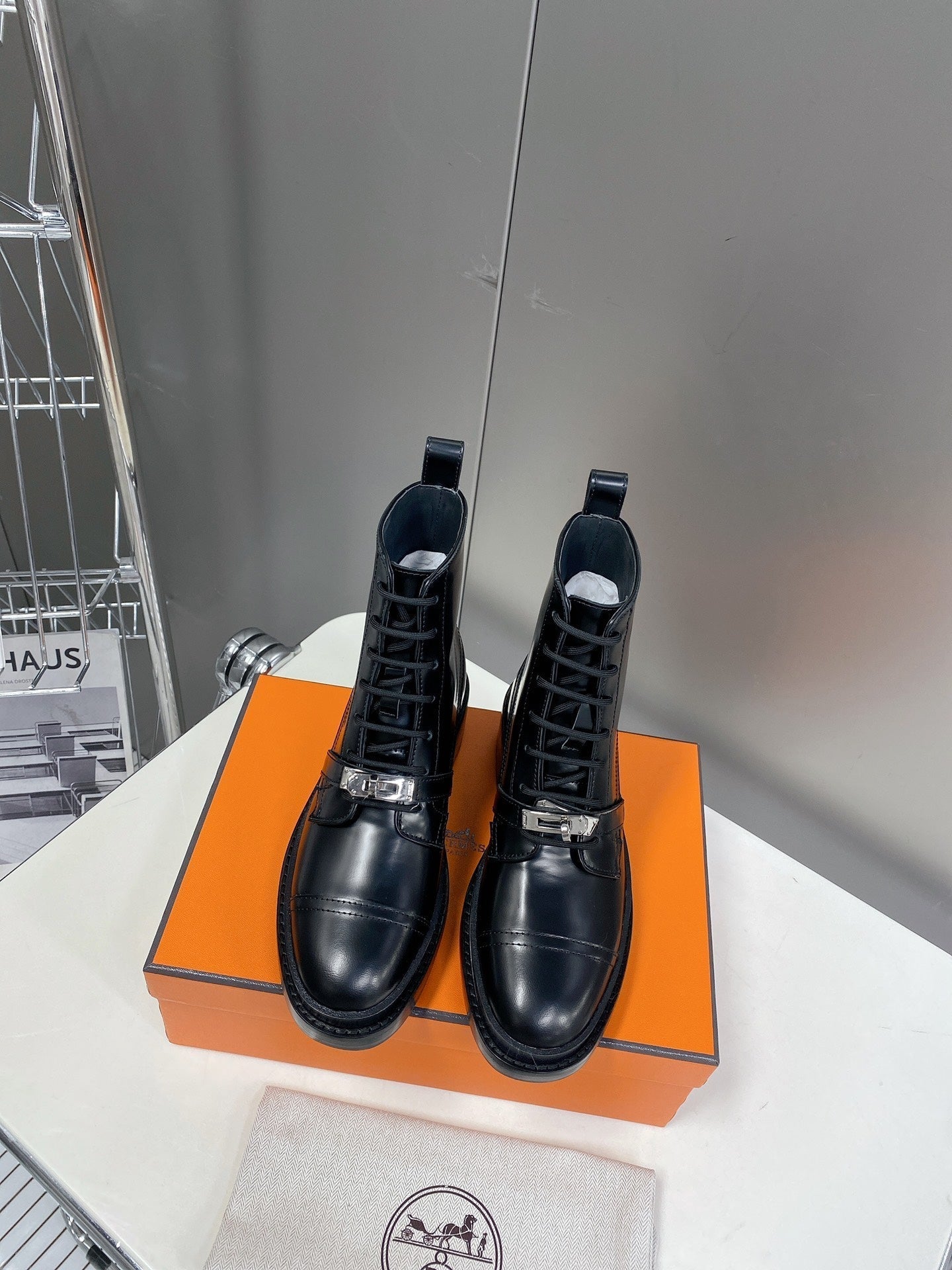 HERMES 25S FUNK ANKLE BOOT IN BLACK LAMBSKIN WITH SILVER HARDWARE