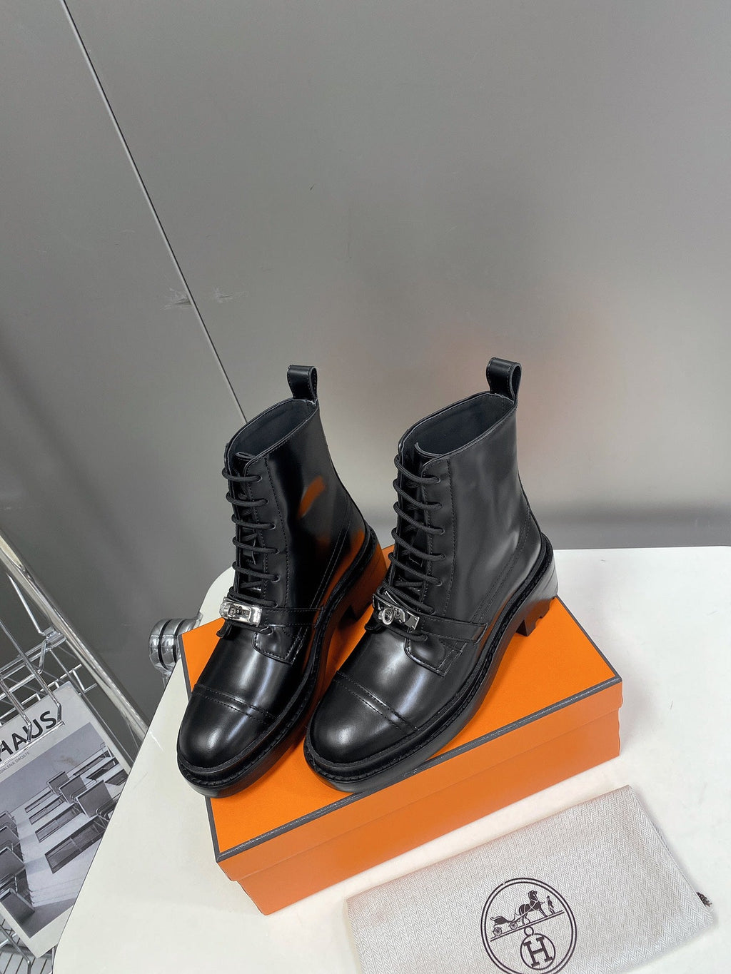 HERMES 25S FUNK ANKLE BOOT IN BLACK LAMBSKIN WITH SILVER HARDWARE