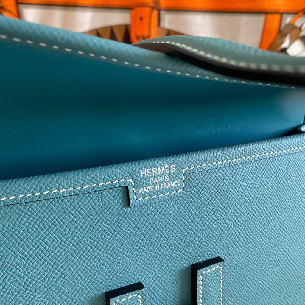 HERMES JIGE ELAN 29 CLUTCH IN AEGEAN BLUE CALFSKIN
