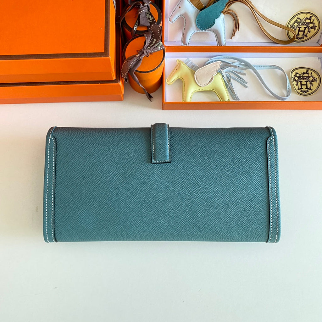 HERMES JIGE ELAN 29 CLUTCH IN AEGEAN BLUE CALFSKIN