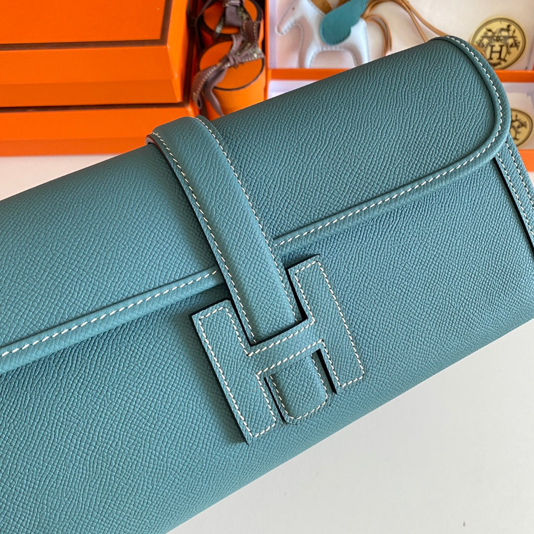 HERMES JIGE ELAN 29 CLUTCH IN AEGEAN BLUE CALFSKIN