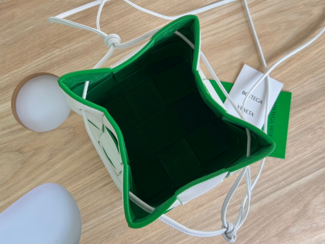 BOTTEGA VENETA SMALL CASSETTE BUCKET 18 IN WHITE AND GREEN LINING CALFSKIN