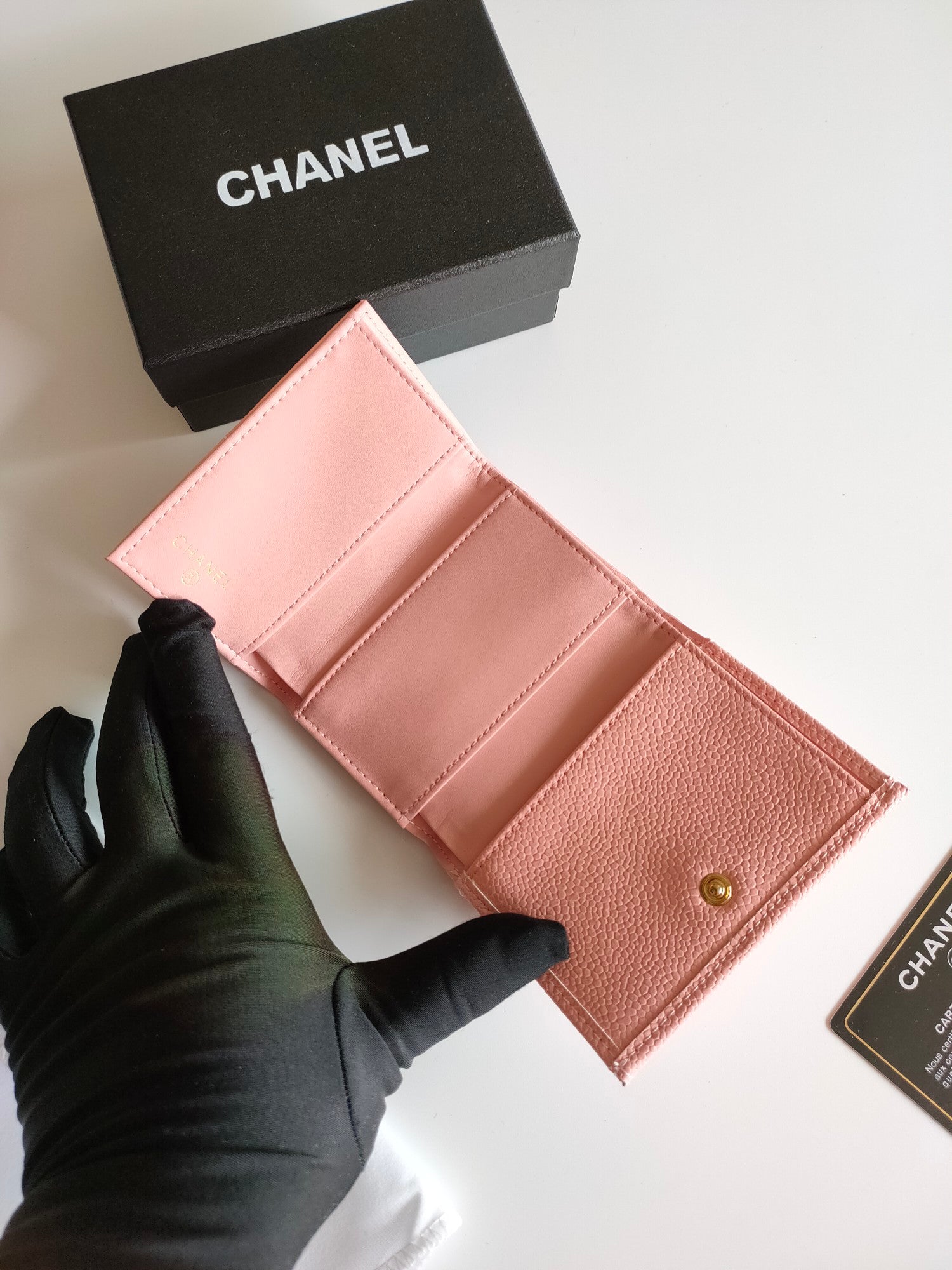 CHANEL TRIFOLD PURSE 12 PEACH GRAINED CALFSKIN GOLD ICON