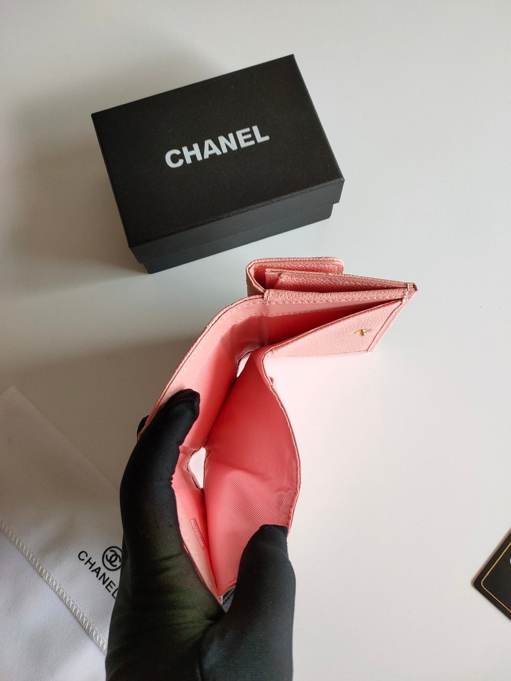 CHANEL TRIFOLD PURSE 12 PEACH GRAINED CALFSKIN GOLD ICON
