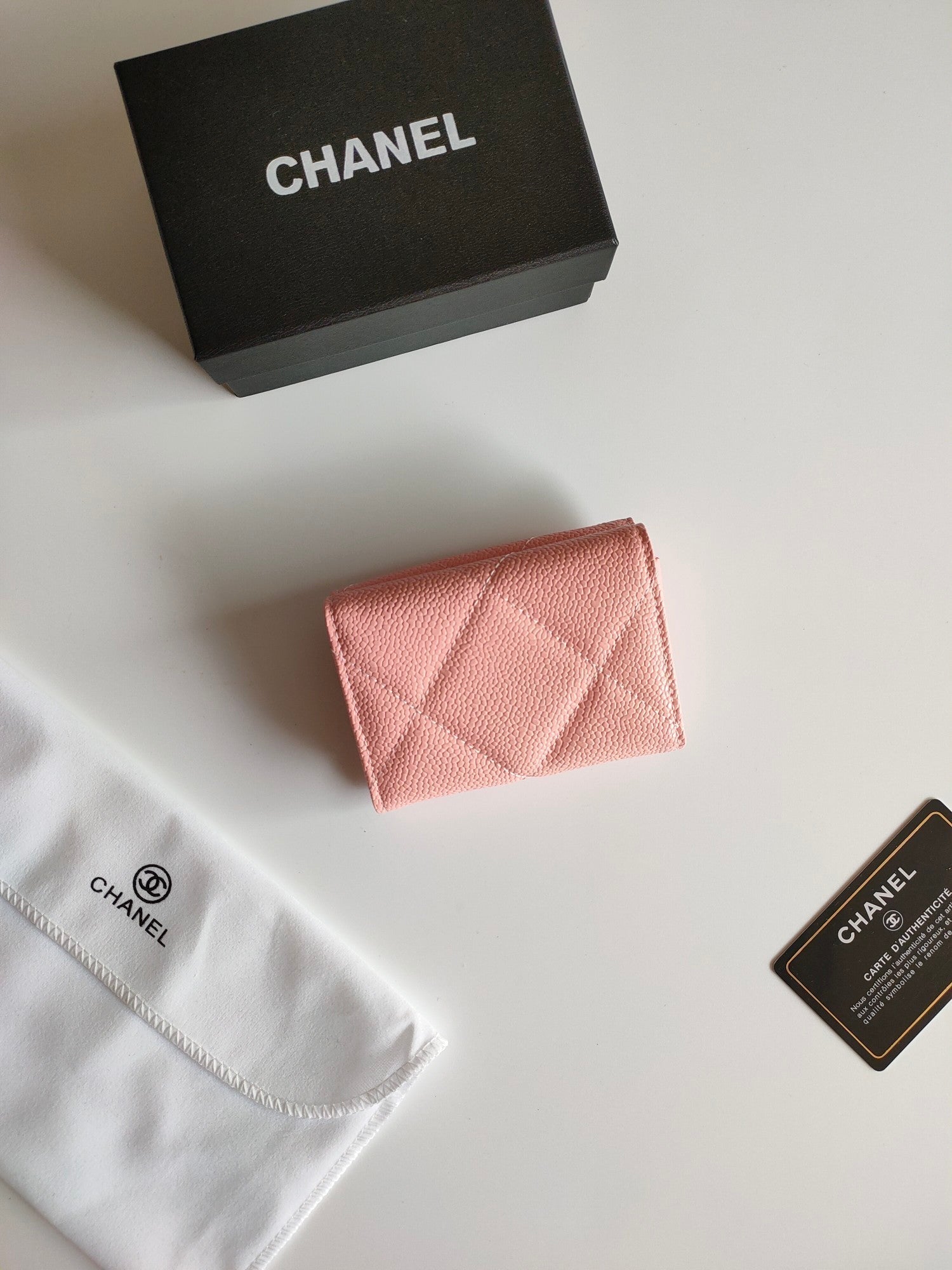 CHANEL TRIFOLD PURSE 12 PEACH GRAINED CALFSKIN GOLD ICON