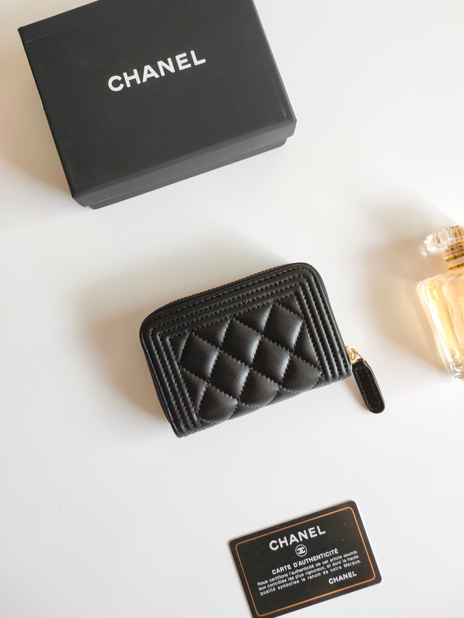 CHANEL BOY ZIP COIN PURSE 11.5 BLACK CALFSKIN GOLD ICON