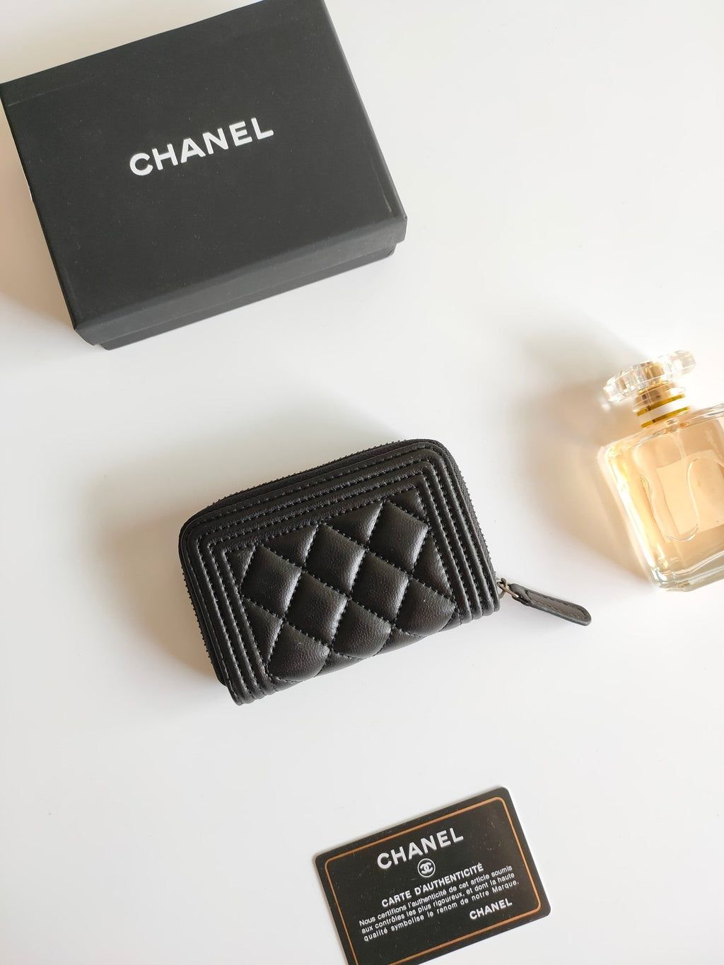 CHANEL BOY ZIP COIN PURSE 11.5 BLACK GRAINED CALFSKIN ICON
