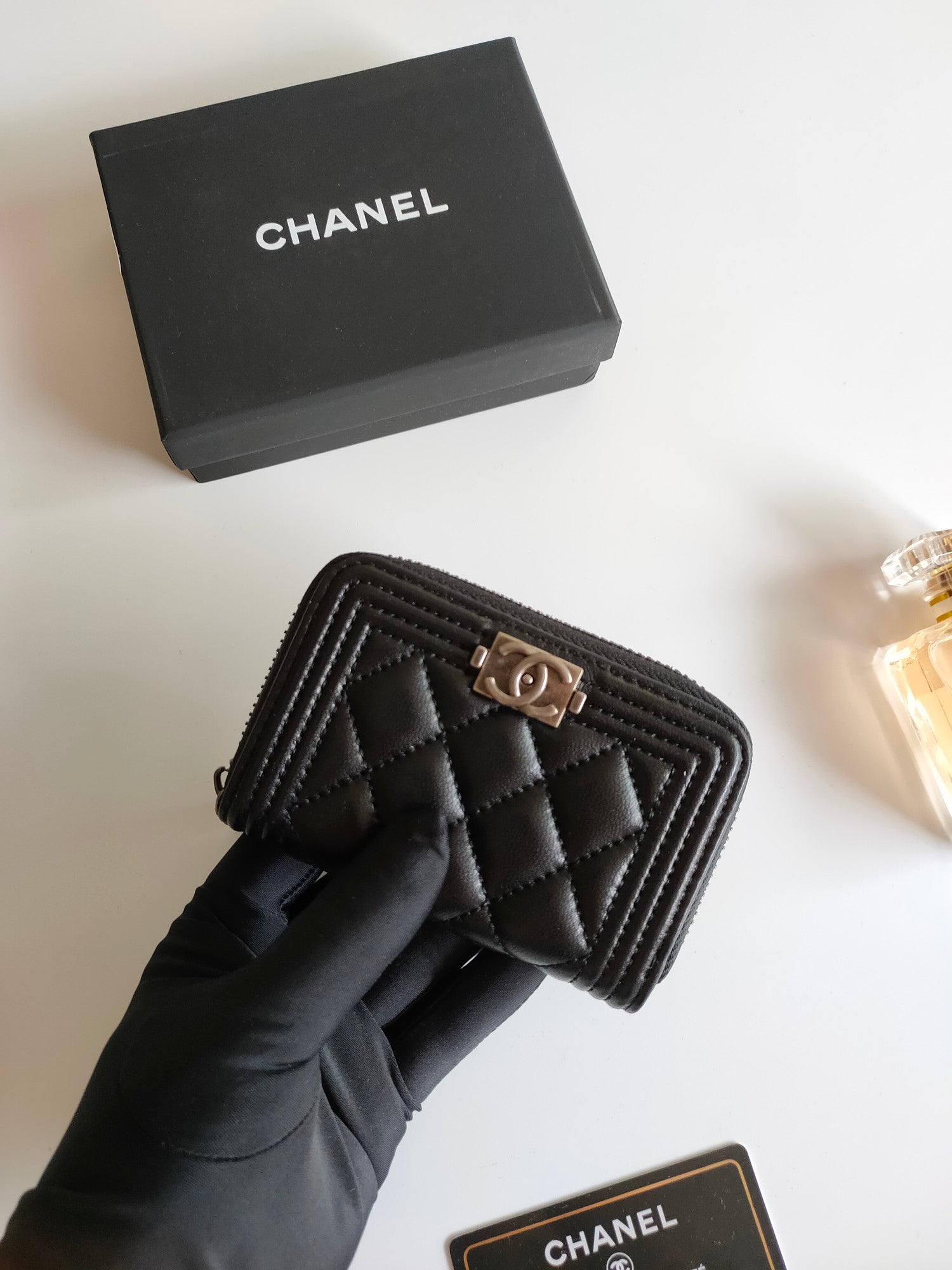 CHANEL BOY ZIP COIN PURSE 11.5 BLACK GRAINED CALFSKIN ICON